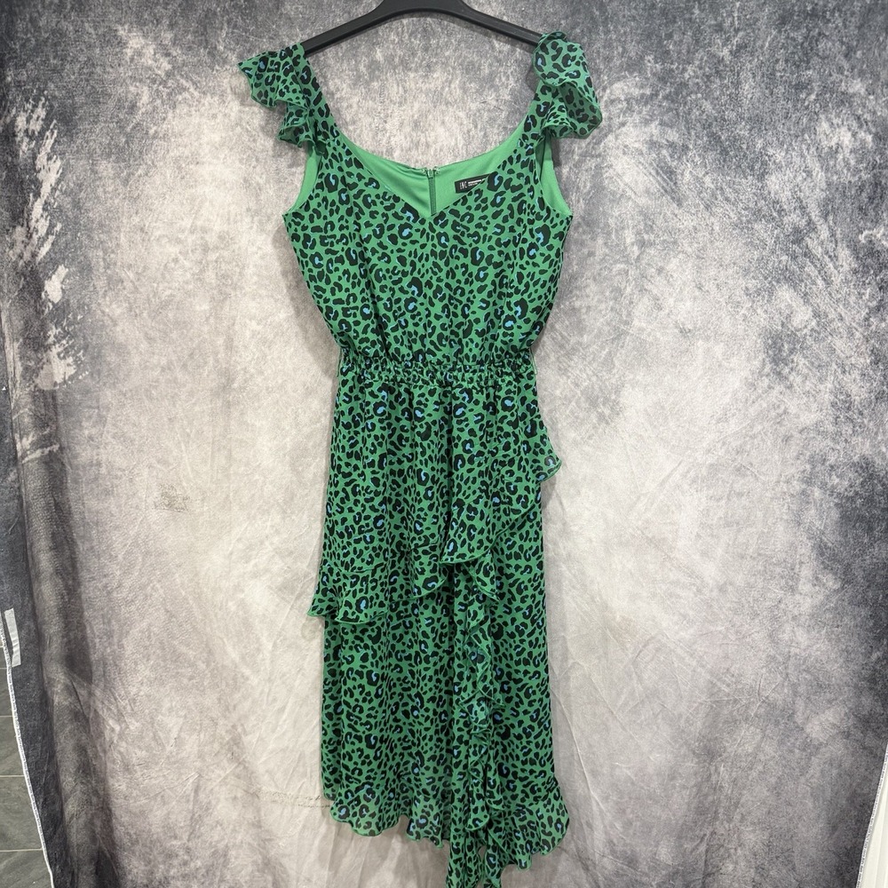 INC International Concepts Womens 8 Green Leopard Print Ruffle Midi Dress